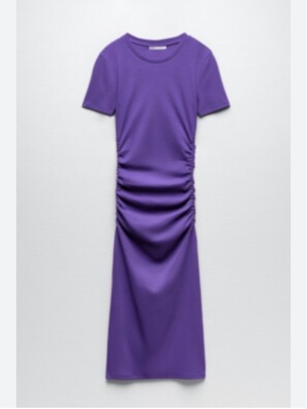 Zara Purple Short-Sleeve Ruched Midi Dress